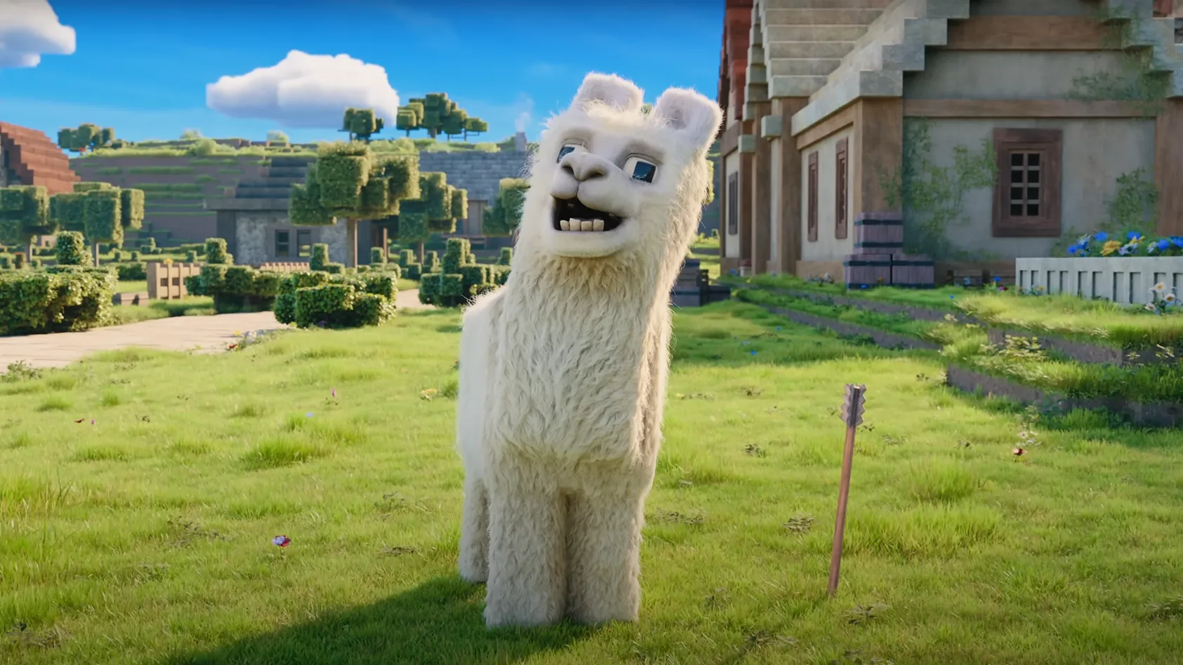 A screenshot of the Minecraft movie trailer of a sheep
