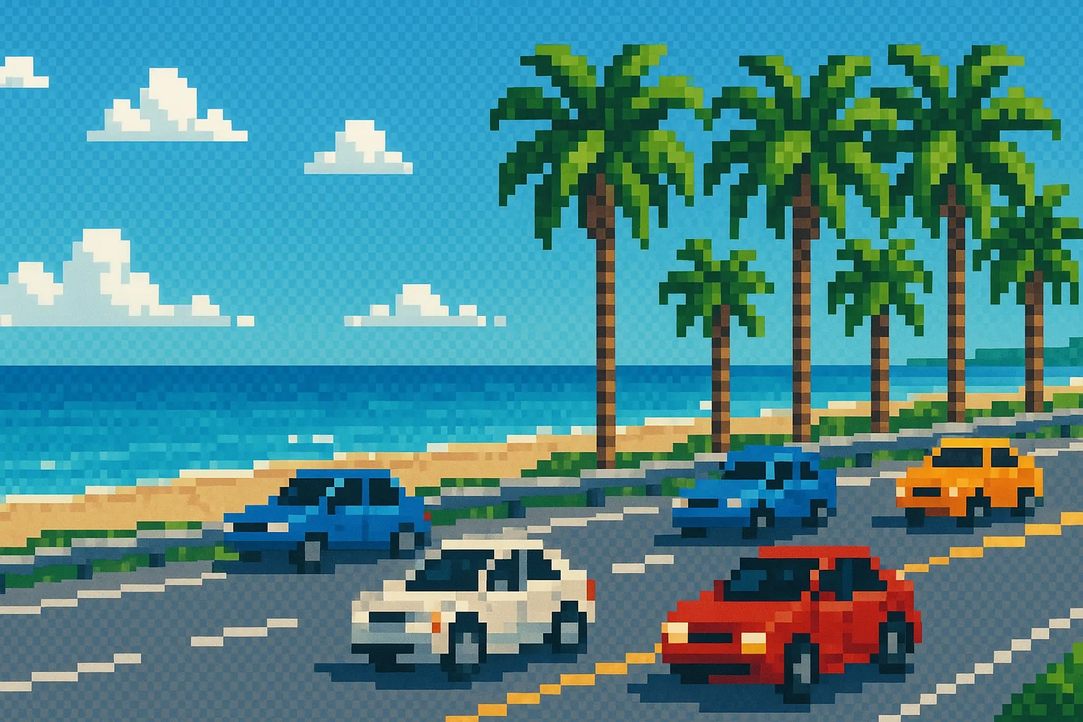 Cars driving on a highway by the beach.